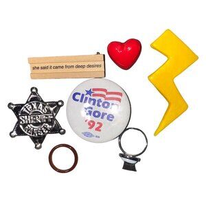 7 Items Brooch Pin Ring Women Heart Badge Eye Lightning Bolt Yellow Red Wood Say